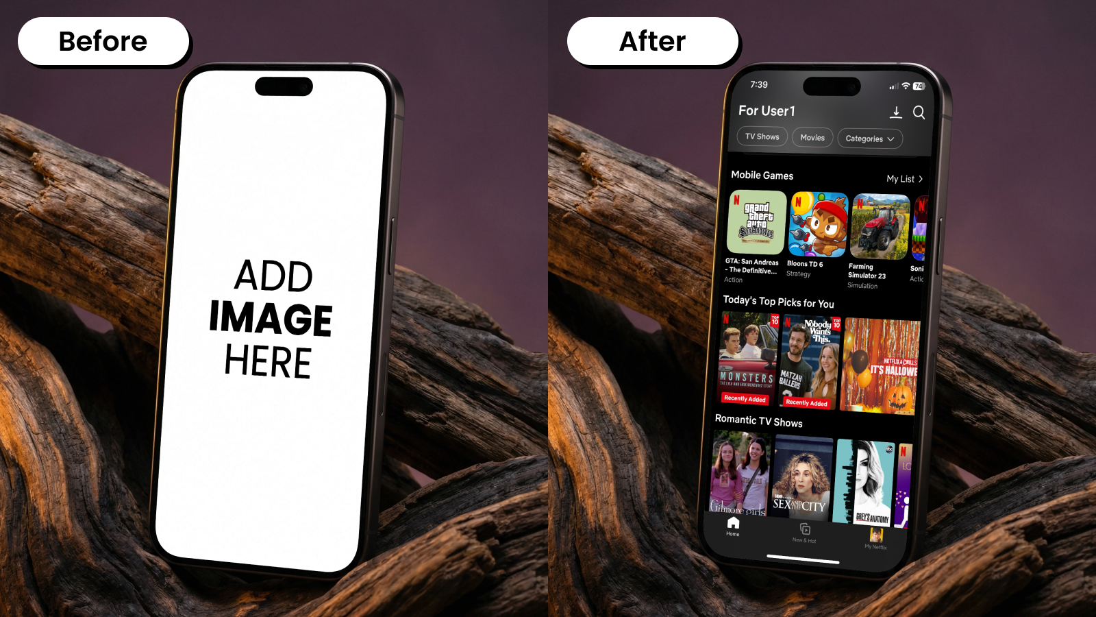 Before and after mockup of a phone placed against wooden logs